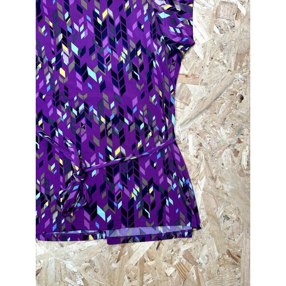 Attention Womens Purple Geometric Blouse Size Large Cap Sleeve V-Neck Belted Top - Picture 12 of 16